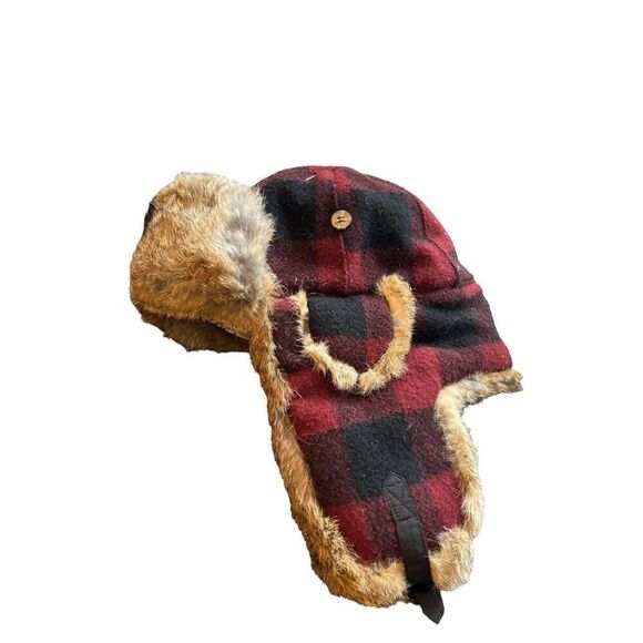Vintage Red & Black Plaid Trapper Hat With rabbit  Fur Lining - Picture 7 of 8
